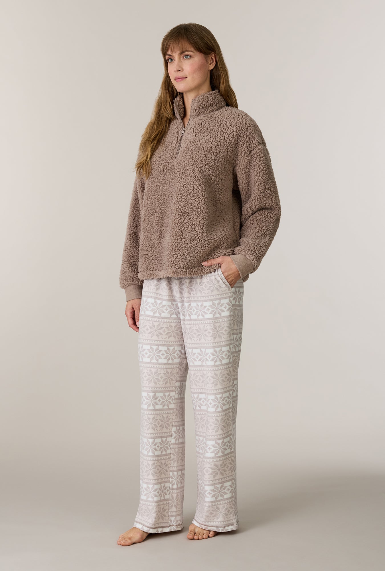 A lady wearing Oatmeal Fair Isle Sherpa Zip Top & Stretch Fleece Pajama Set