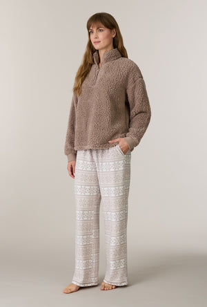 A lady wearing Oatmeal Fair Isle Sherpa Zip Top & Stretch Fleece Pajama Set side view