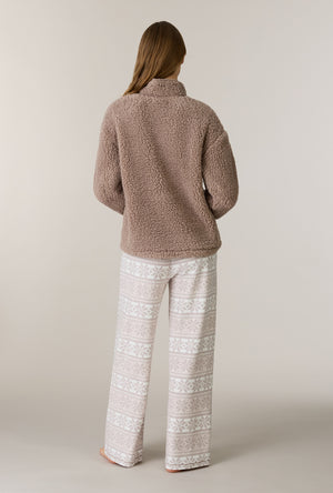 A lady wearing Oatmeal Fair Isle Sherpa Zip Top & Stretch Fleece Pajama Set back view