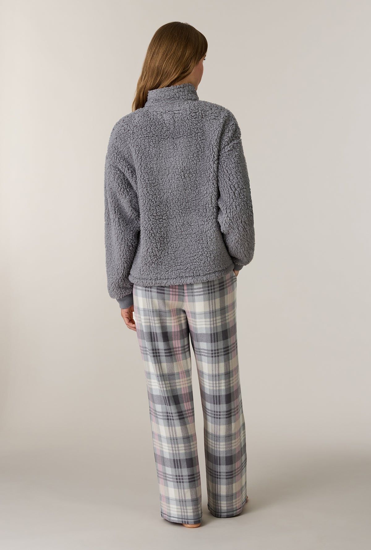 A lady wearing Charcoal Plaid Sherpa Zip Top & Stretch Fleece Pajama Set back view