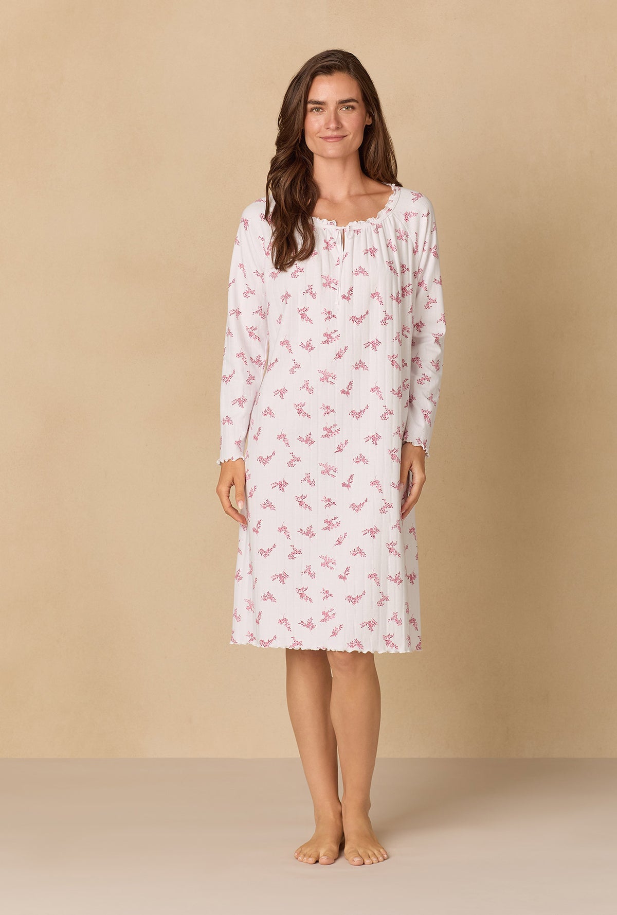 A lady wearing Winter Bloom Cotton Pointelle Waltz Nightgown