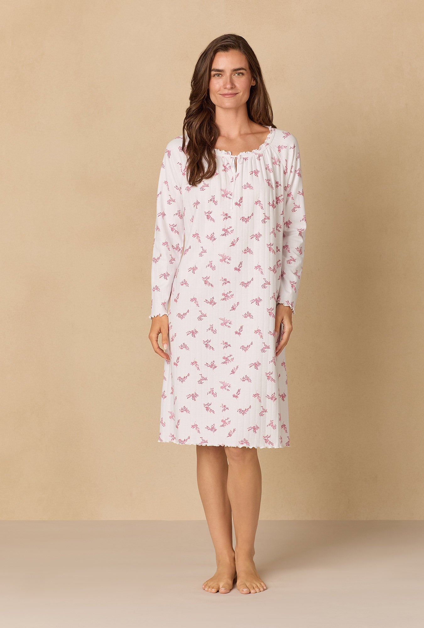 A lady wearing Winter Bloom Cotton Pointelle Waltz Nightgown