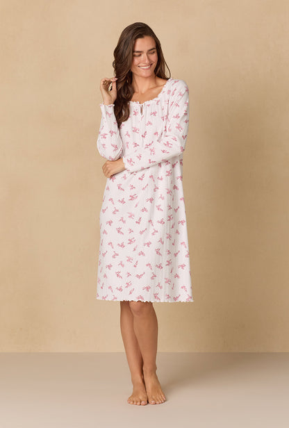A lady wearing Winter Bloom Cotton Pointelle Waltz Nightgown