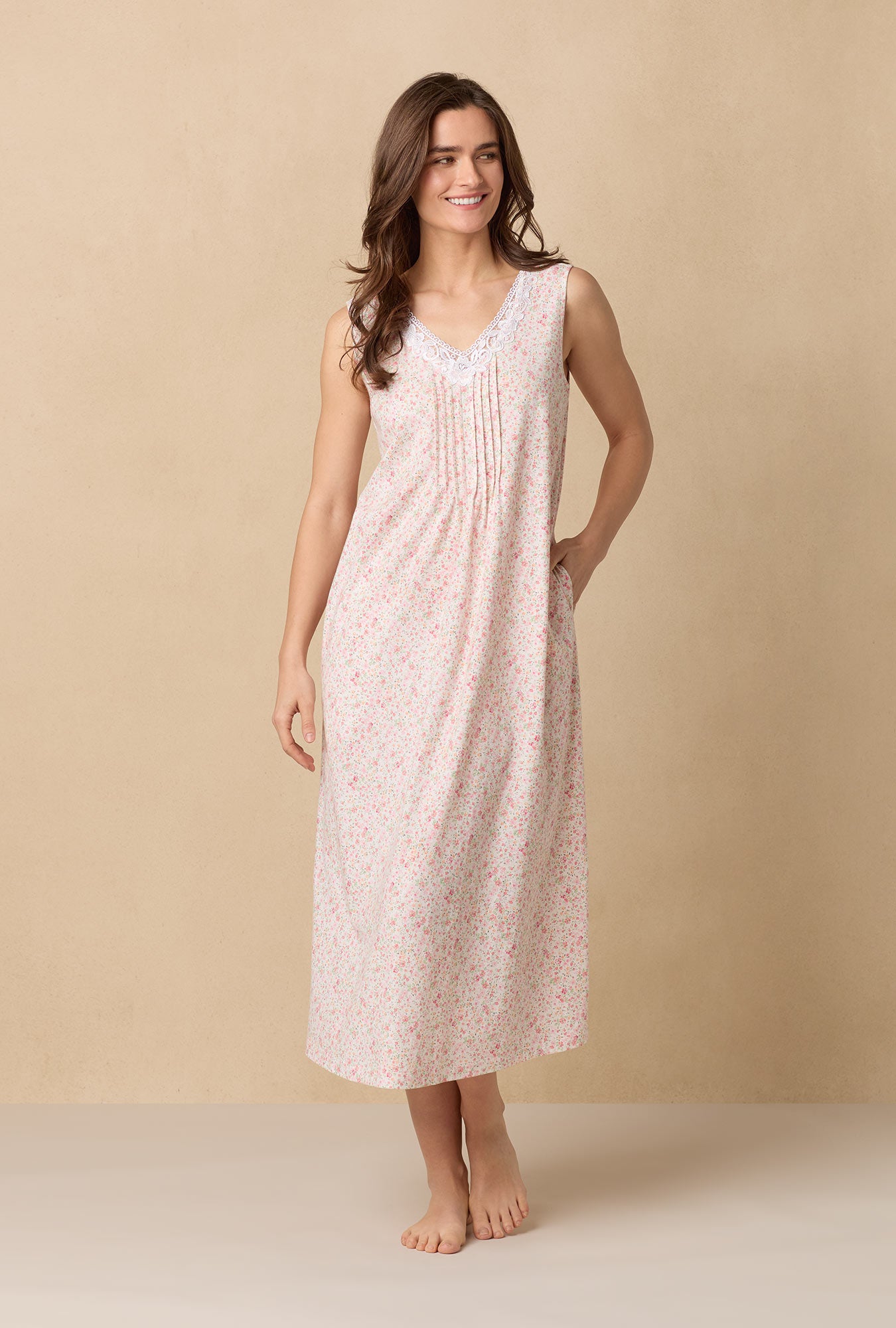 A lady wearing Meadow Floral Long Sleeveless Cotton Knit Nightgown