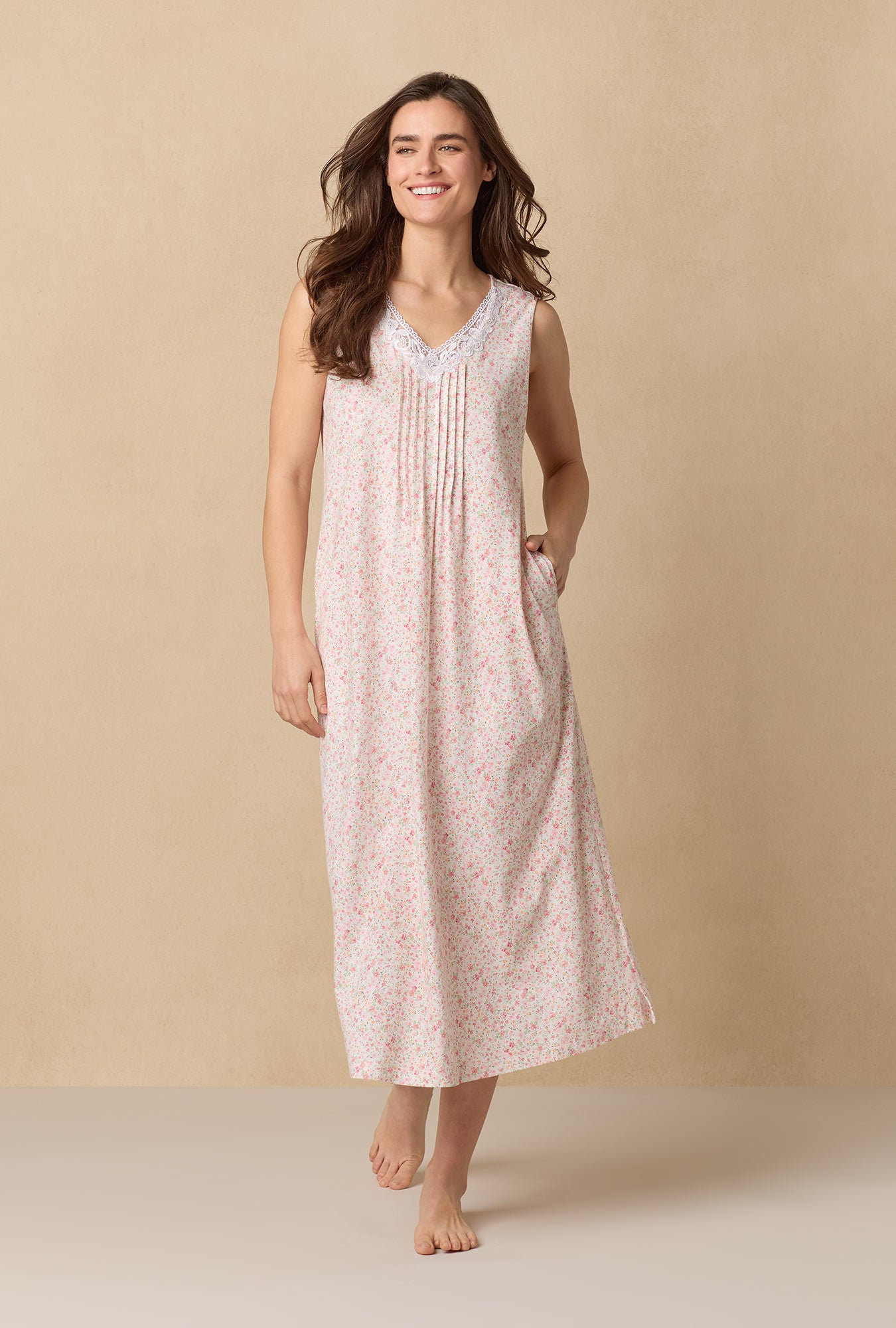 A lady wearing Meadow Floral Long Sleeveless Cotton Knit Nightgown