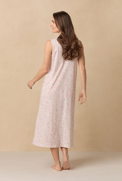 A lady wearing Meadow Floral Long Sleeveless Cotton Knit Nightgown