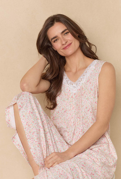 A lady wearing Meadow Floral Long Sleeveless Cotton Knit Nightgown