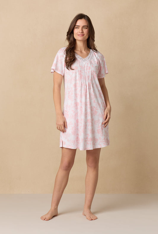 A lady wearing Coral Toile Flutter Sleeve Short Cotton Knit Nightgown