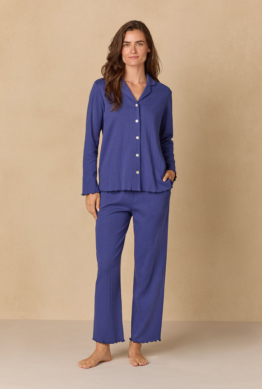 A lady wearing Navy Pointelle Long Pajama Set