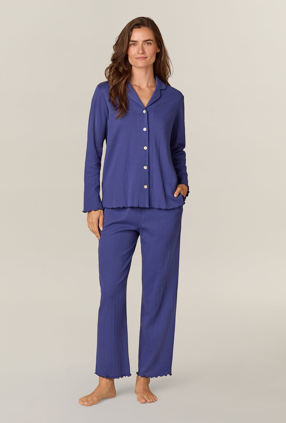 A lady wearing Navy Pointelle Long Pajama Set