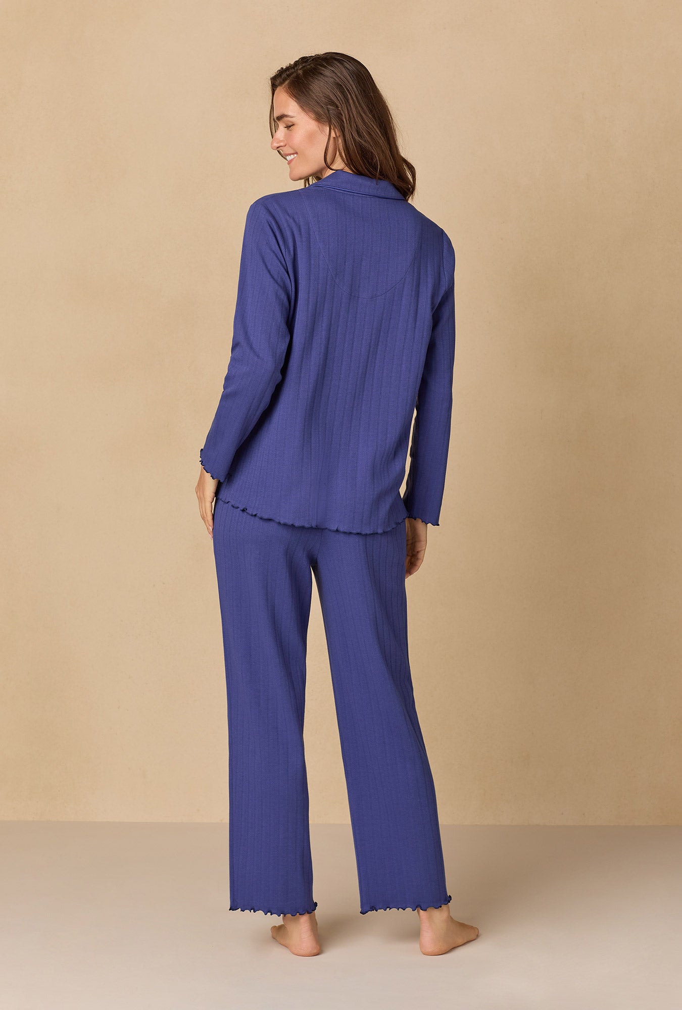 A lady wearing Navy Pointelle Long Pajama Set