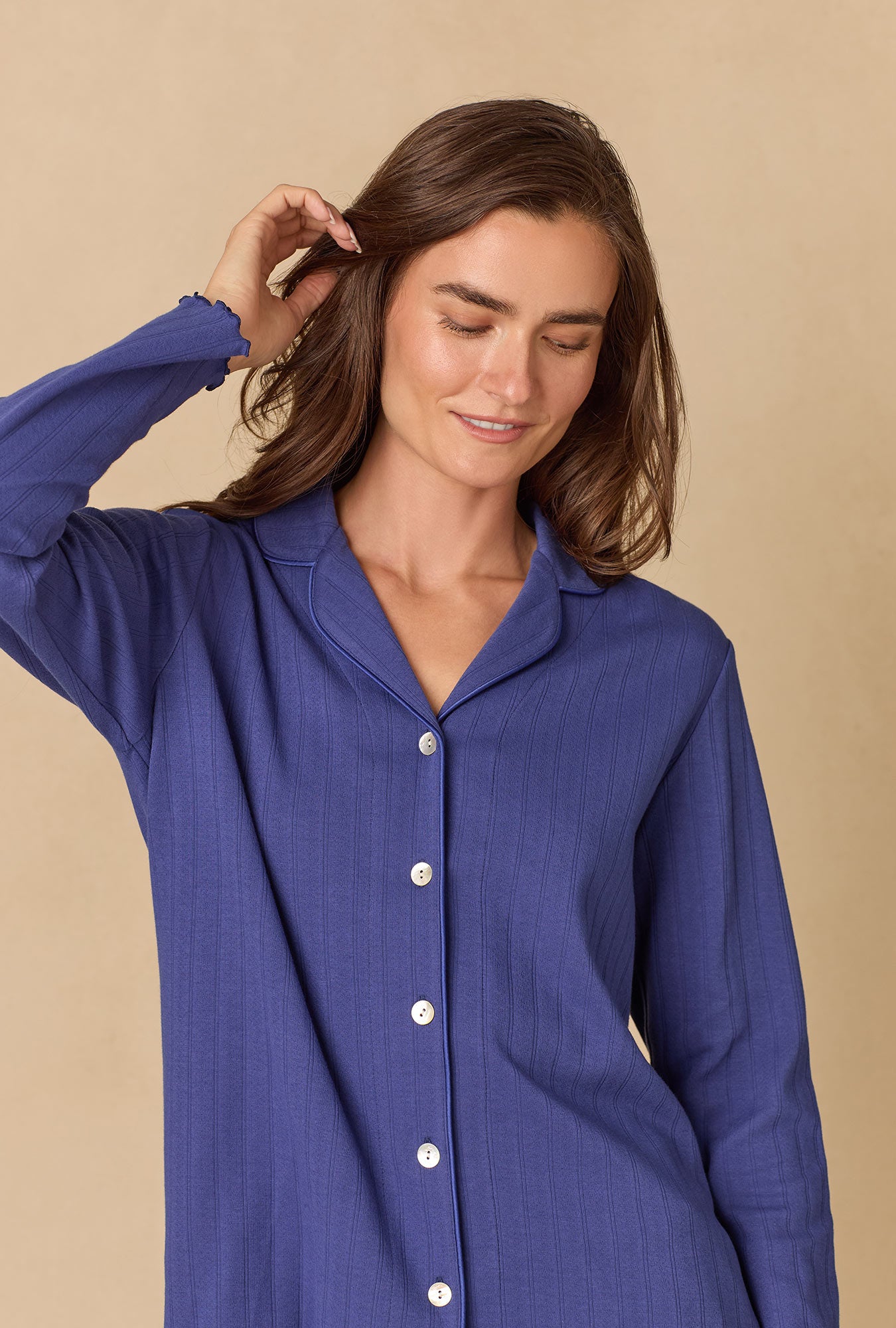 A lady wearing Navy Pointelle Long Pajama Set