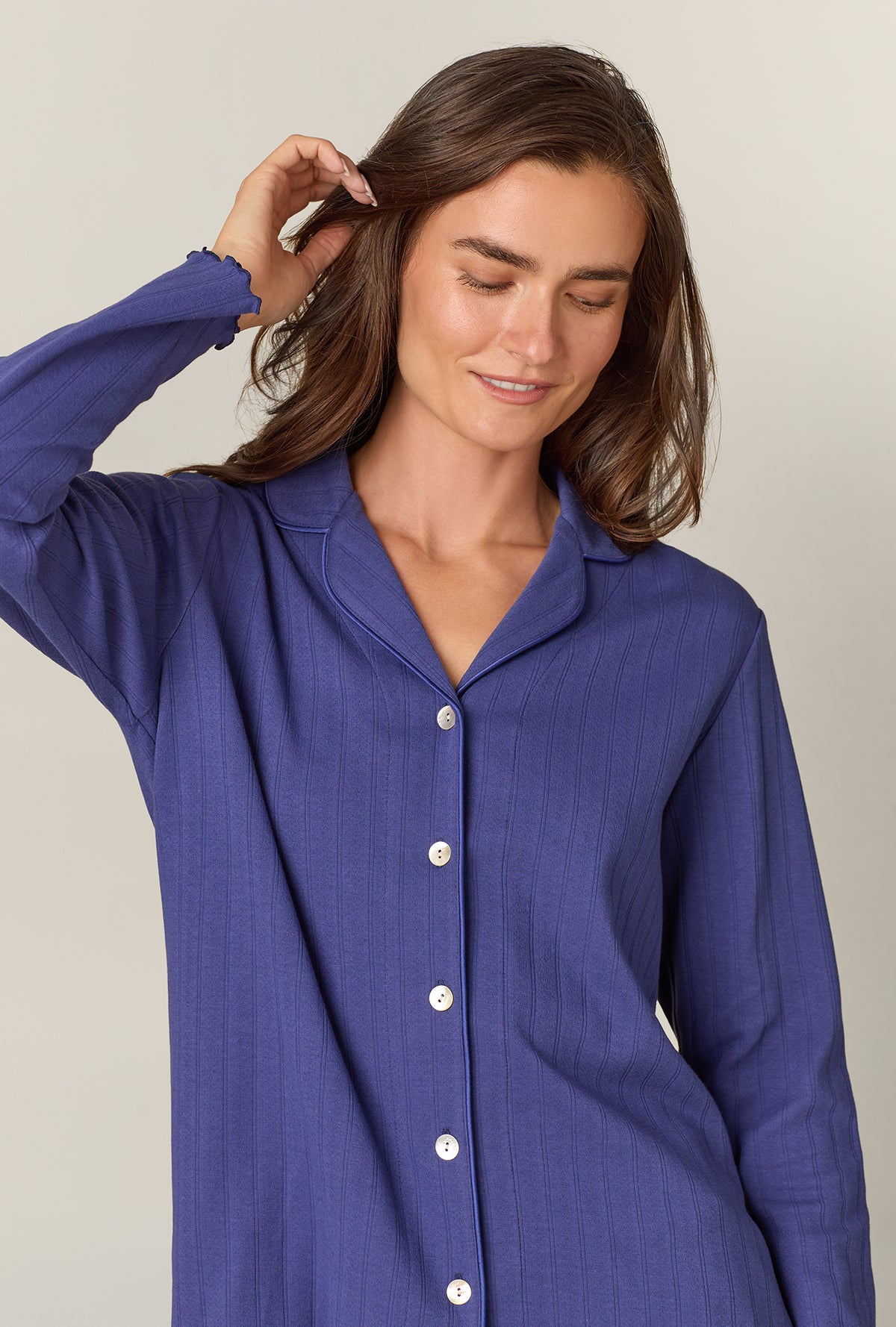 A lady wearing Navy Pointelle Long Pajama Set