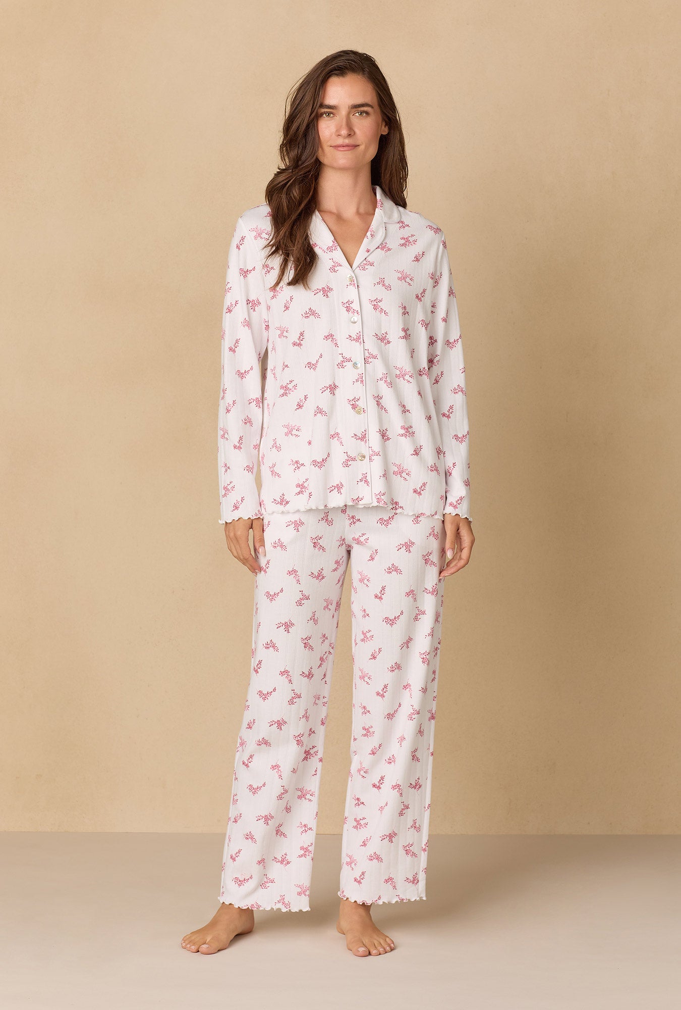 A lady wearing Winter Bloom Pointelle Long Pajama Set
