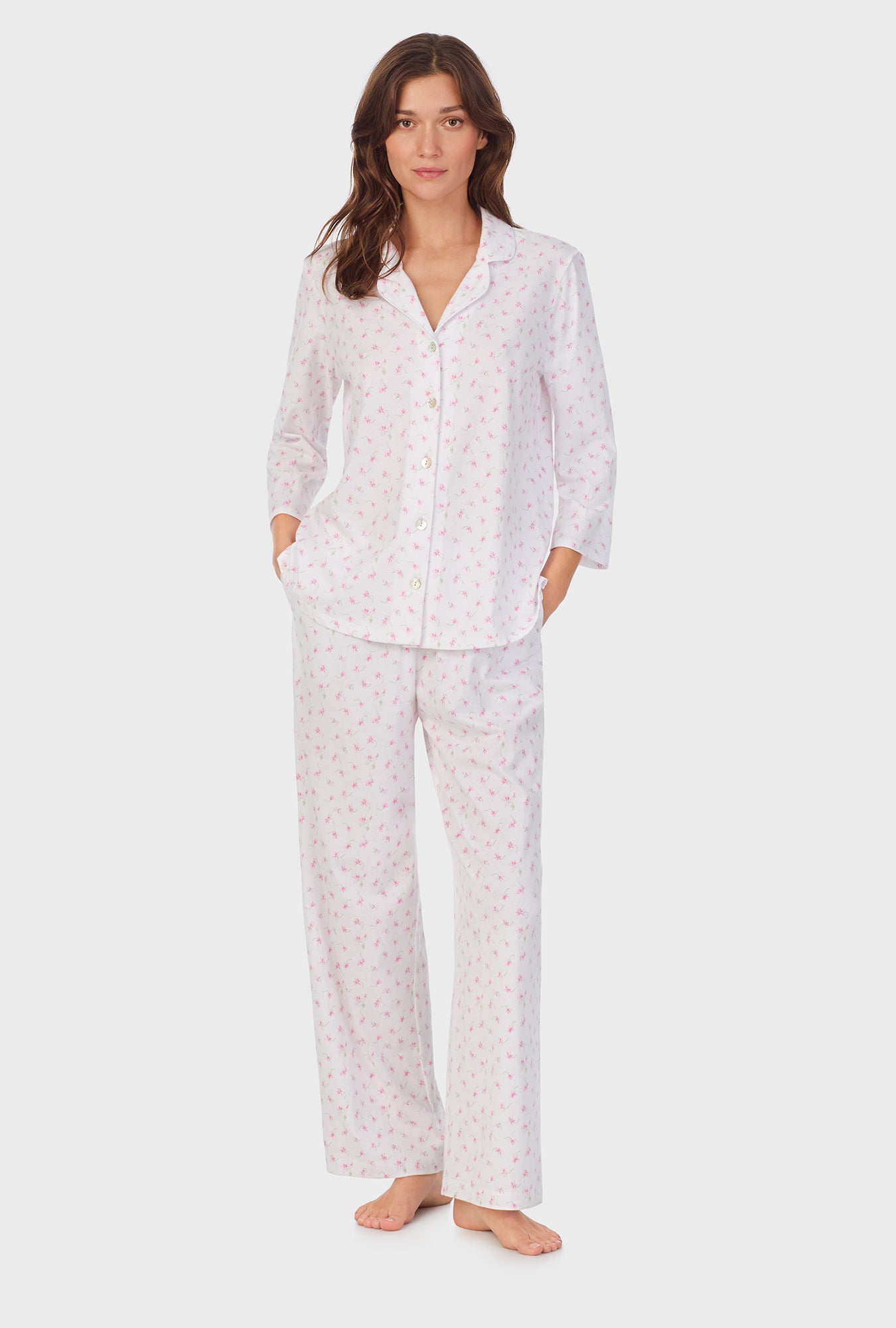 A lady wearing Mini Floral Cotton Long Pajama Set