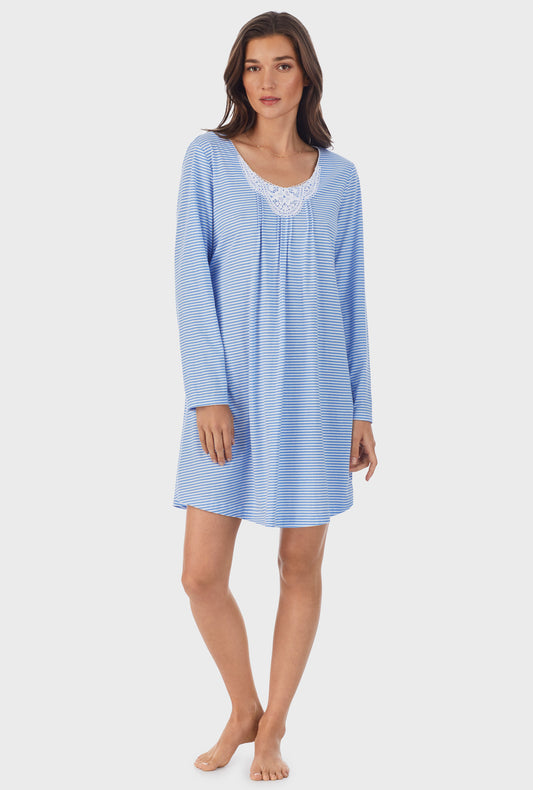 A lady wearing blue long sleeve cotton short nightgown set with blue stripe print.