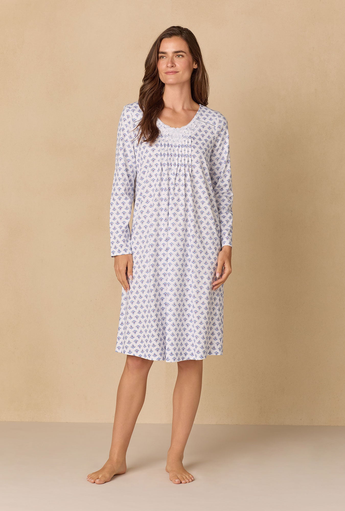 A lady wearing Blue Medallion Waltz Cotton Knit Nightgown