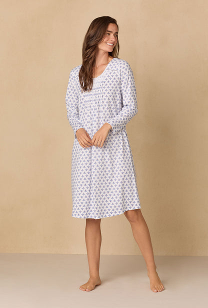 A lady wearing Blue Medallion Waltz Cotton Knit Nightgown