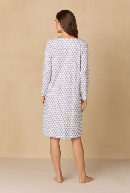 A lady wearing Blue Medallion Waltz Cotton Knit Nightgown