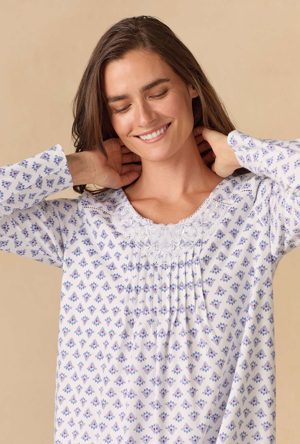 A lady wearing Blue Medallion Waltz Cotton Knit Nightgown