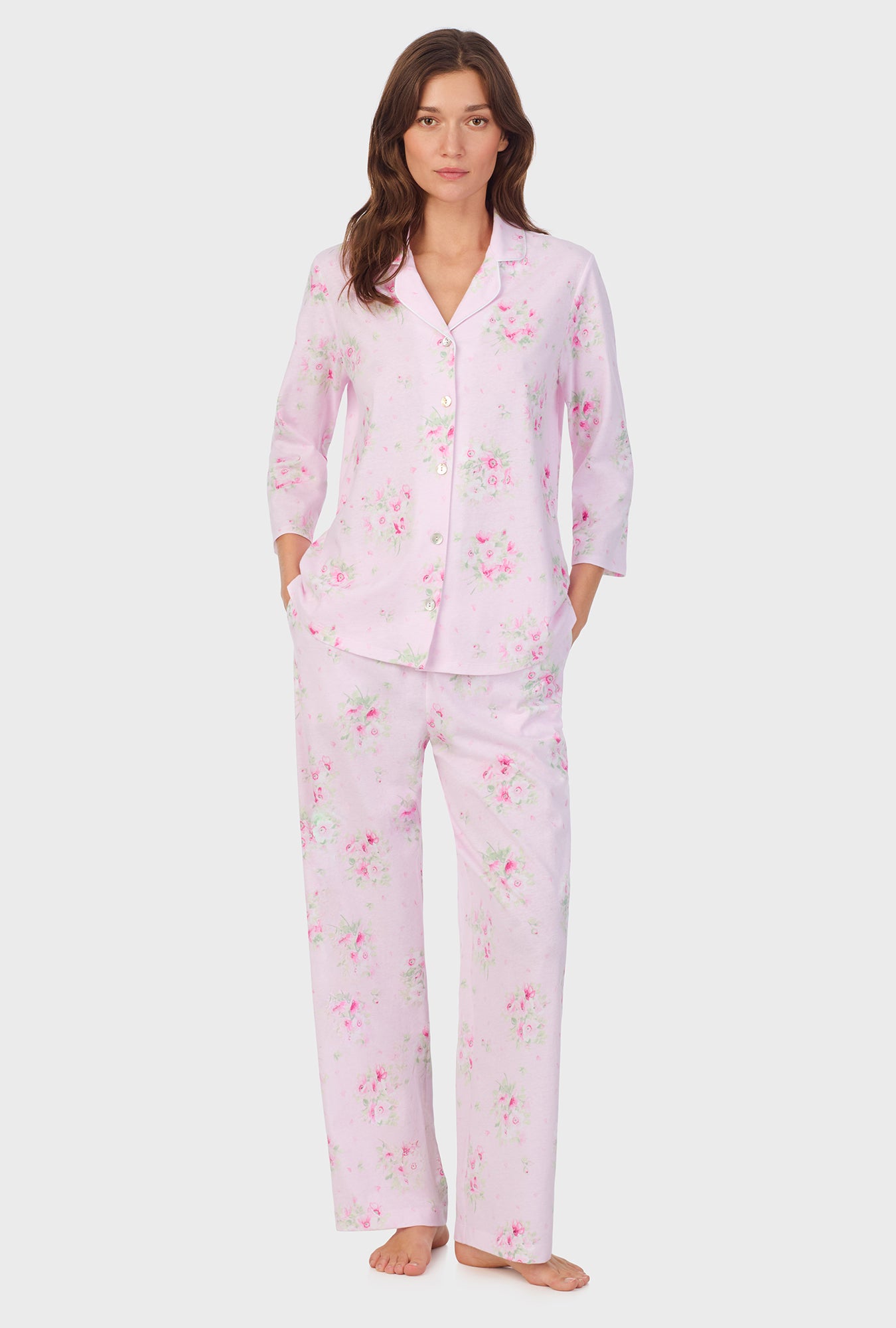 A lady wearing Pink Cosmos Cotton Long Pajama Set