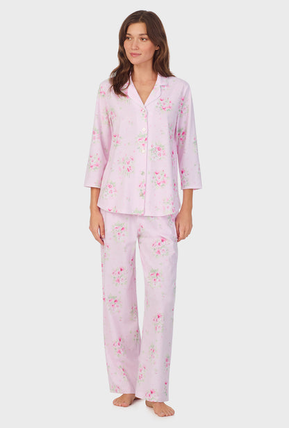 A lady wearing Pink Cosmos Cotton Long Pajama Set