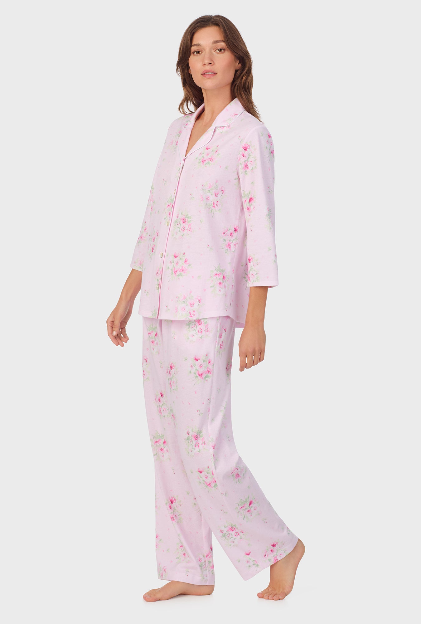 A lady wearing Pink Cosmos Cotton Long Pajama Set