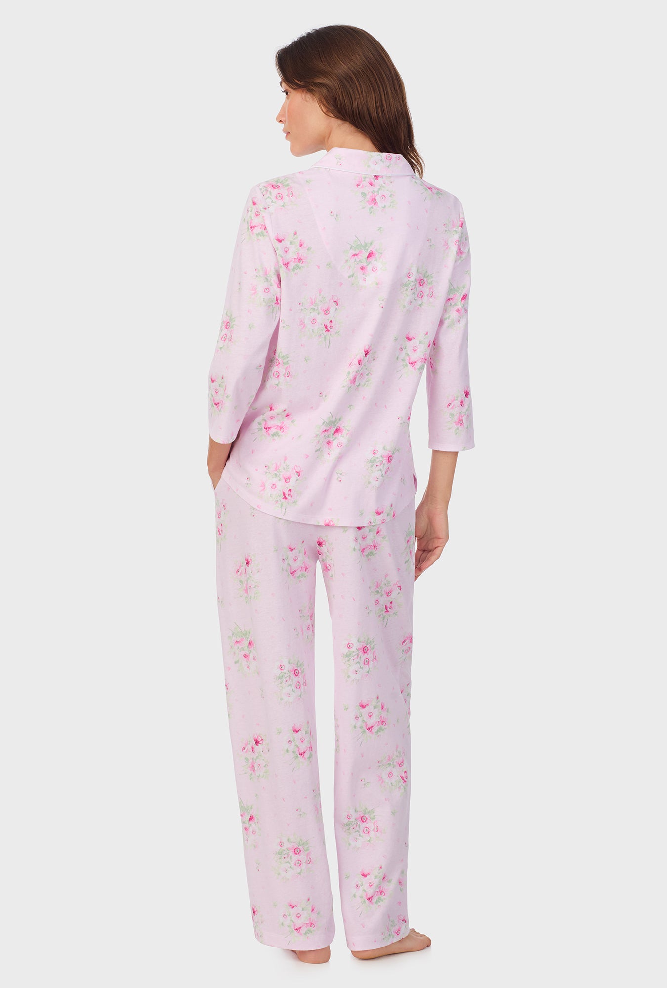 A lady wearing Pink Cosmos Cotton Long Pajama Set