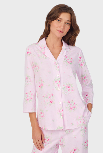 A lady wearing Pink Cosmos Cotton Long Pajama Set