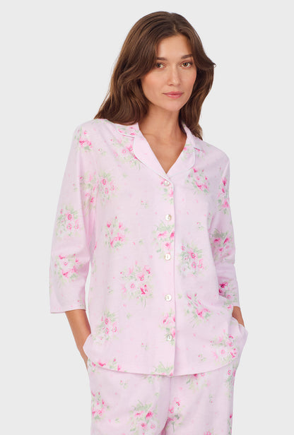 A lady wearing Pink Cosmos Cotton Long Pajama Set