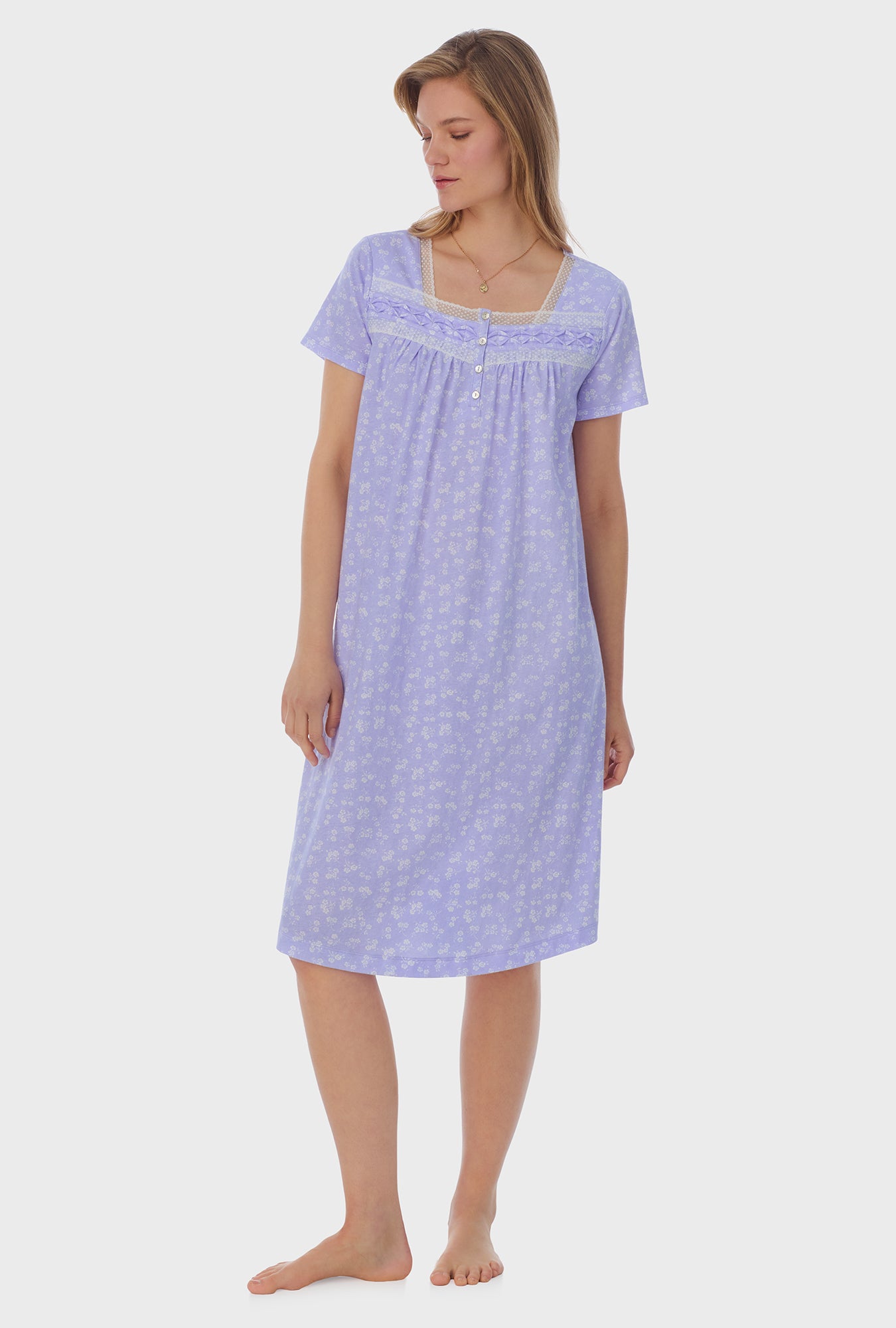 A lady wearing purple short Sleeve Cotton Waltz Nightgown with Sweet Ditsy print