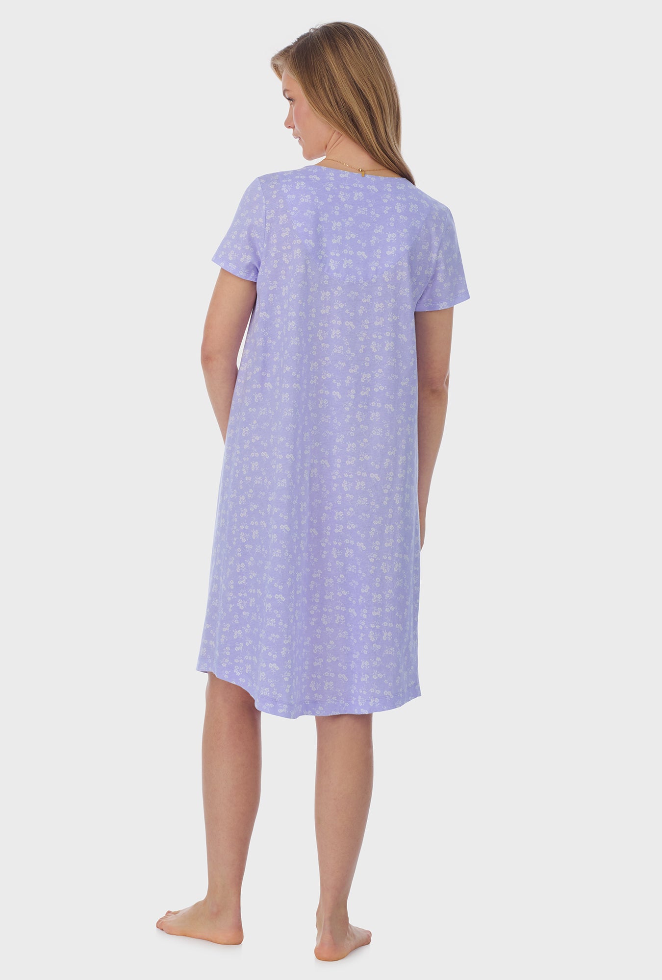 A lady wearing purple short Sleeve Cotton Waltz Nightgown with Sweet Ditsy print