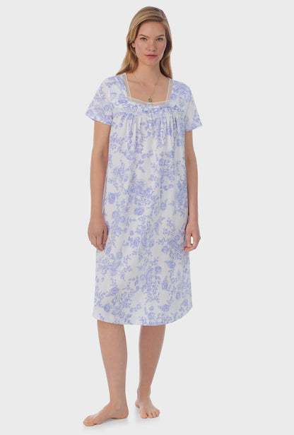 A lady wearing  white short Sleeve Cotton Waltz Nightgown with Vintage Rose  print