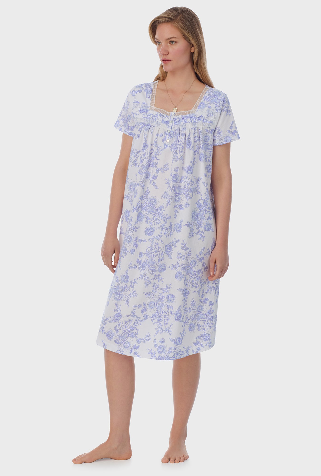 A lady wearing  white short Sleeve Cotton Waltz Nightgown with Vintage Rose  print