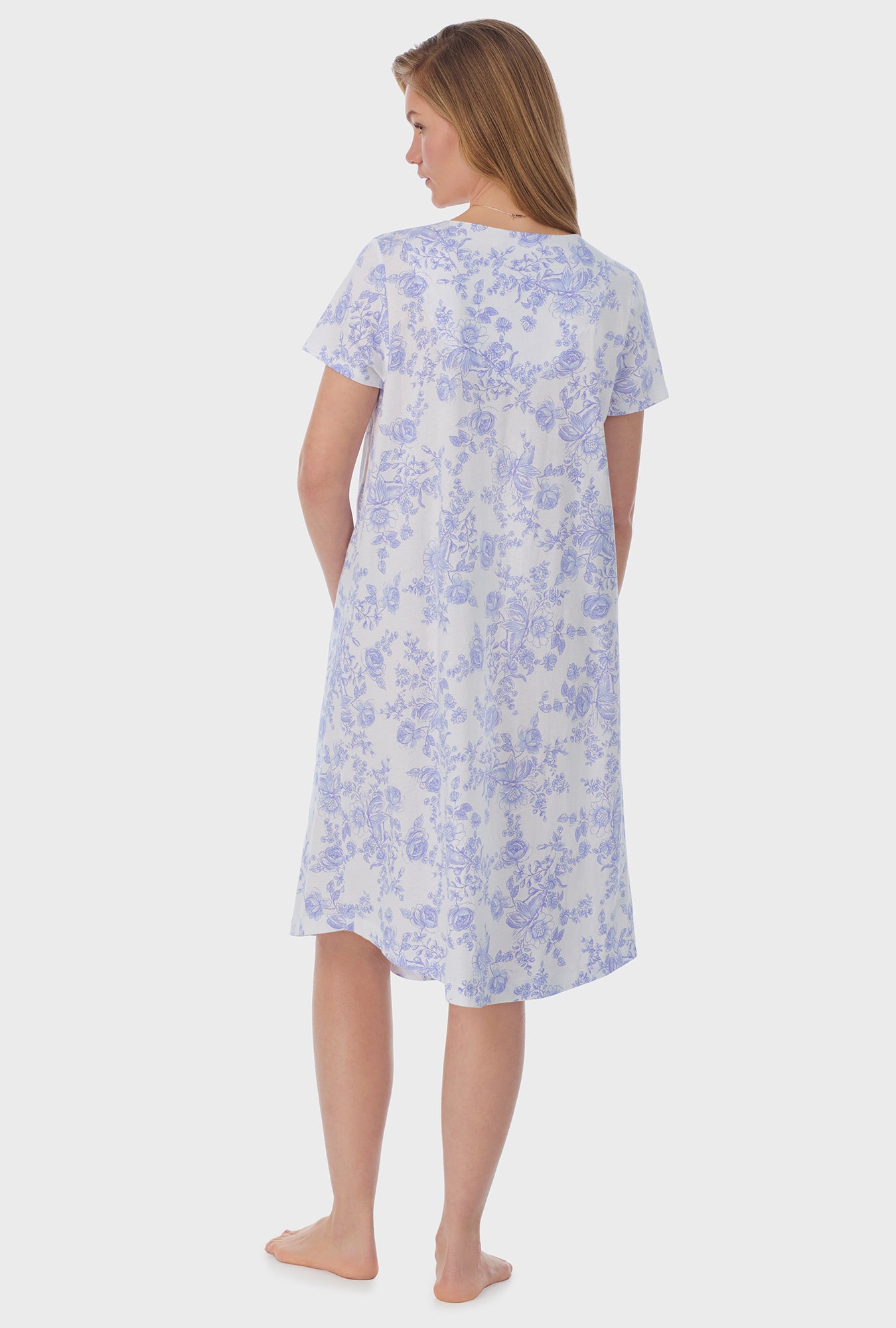 A lady wearing  white short Sleeve Cotton Waltz Nightgown with Vintage Rose  print