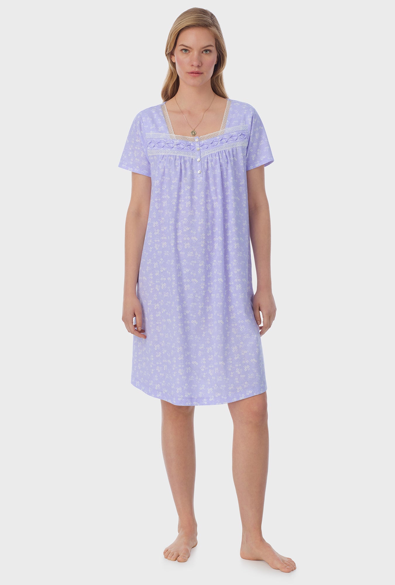 A lady wearing purple short Sleeve Cotton Short Nightgown with Sweet Ditsy print