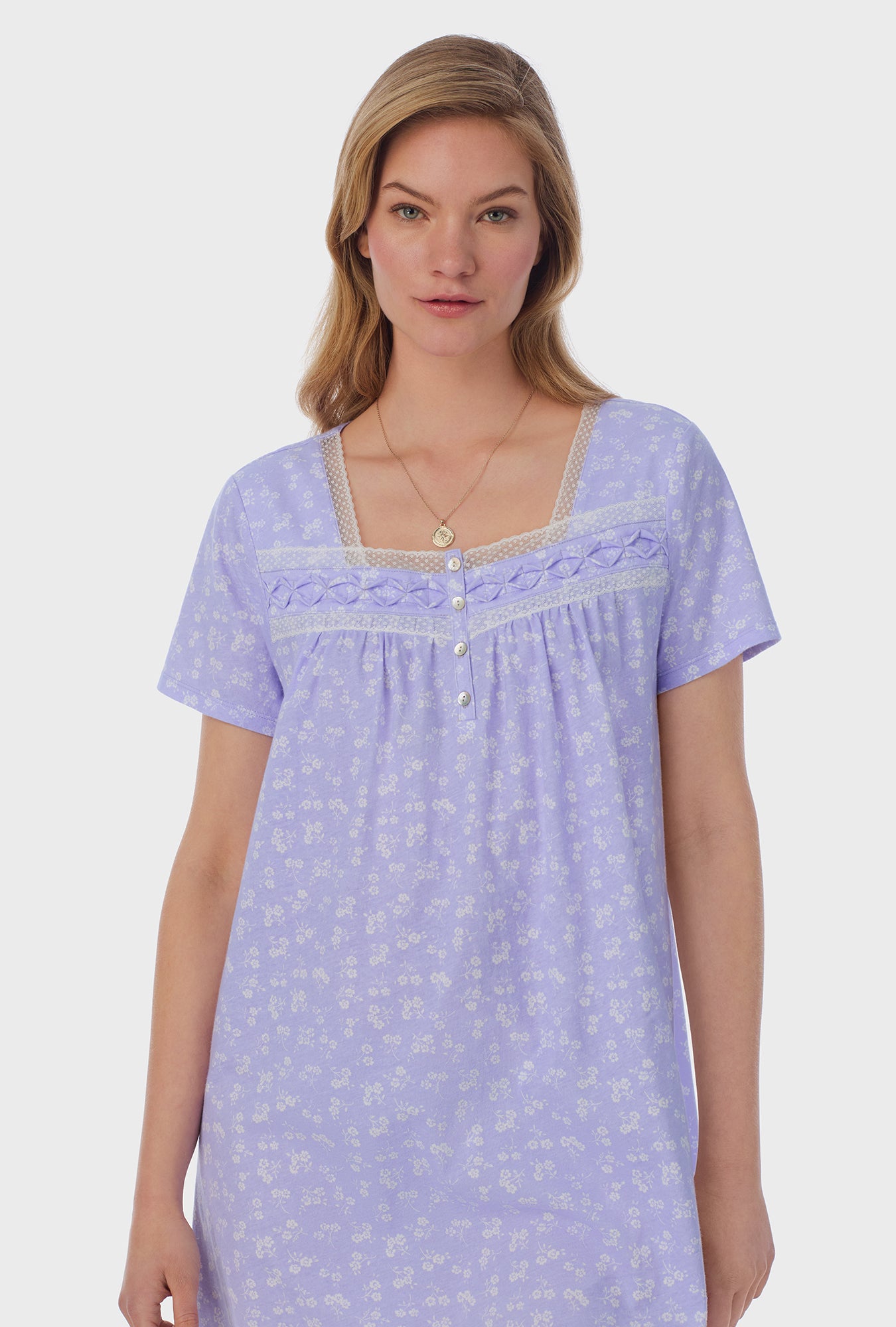 A lady wearing purple short Sleeve Cotton Short Nightgown with Sweet Ditsy print