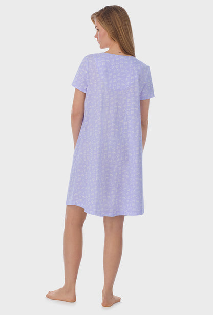 A lady wearing purple short Sleeve Cotton Short Nightgown with Sweet Ditsy print