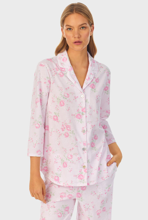 100% Cotton Knit 3/4 Sleeve Long PJ Set Pink Bouquet S by Carole