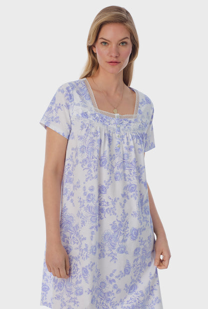 A lady wearing white short Sleeve Cotton Short Nightgown with Vintage Rose  print