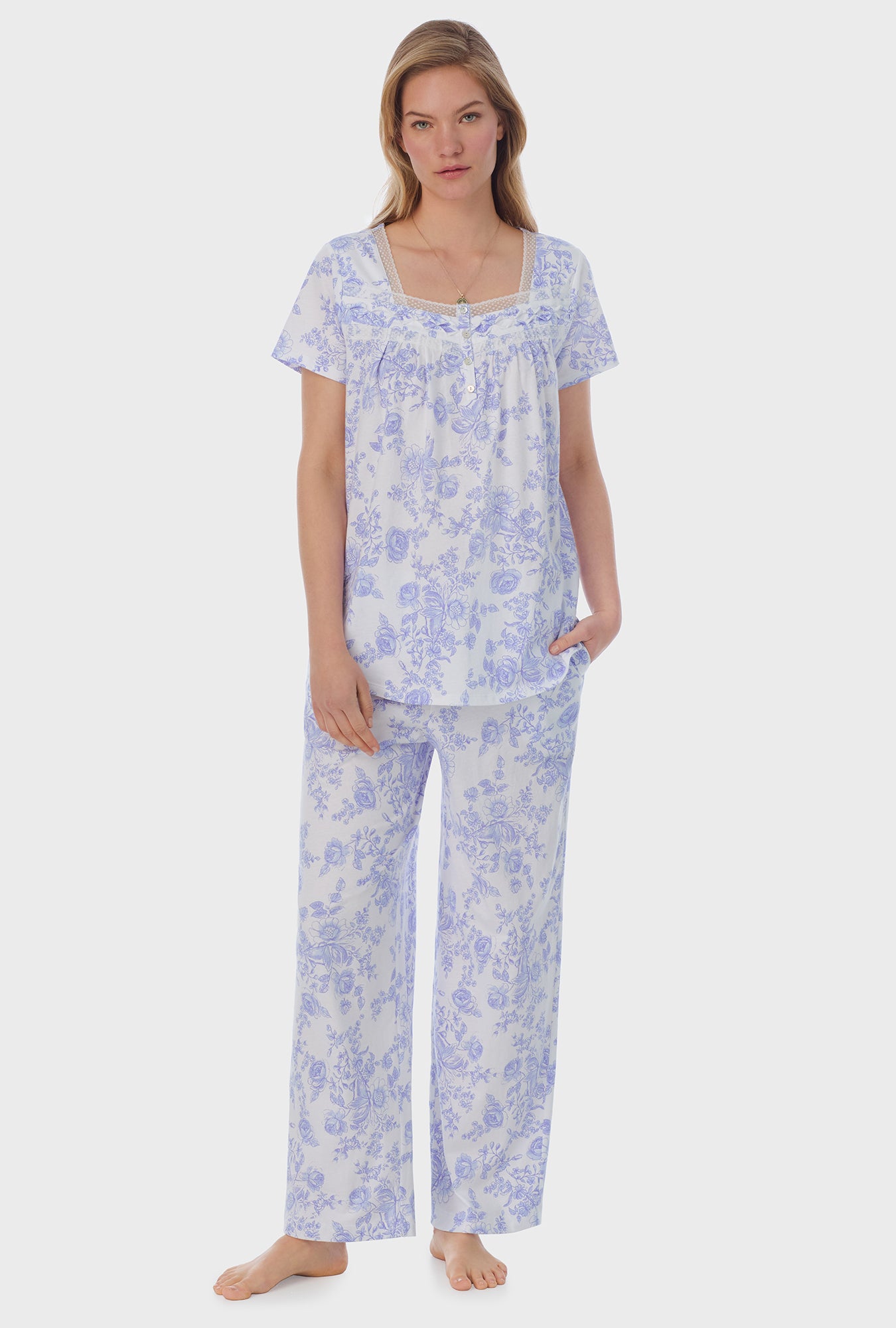 A lady wearing white short Sleeve Cotton Capri Pajama Set with Vintage Rose  print