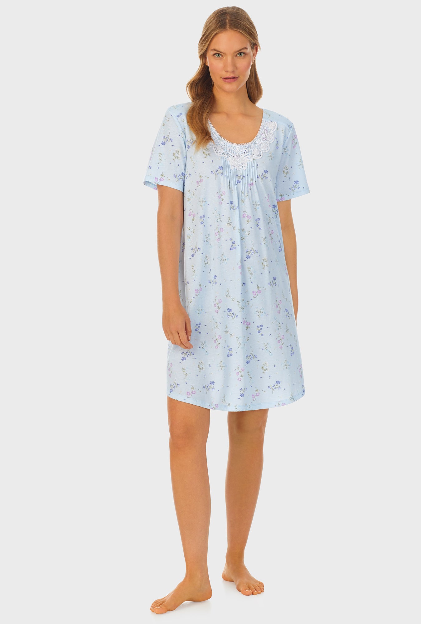 A lady wearing Cotton Short Nightgown with Spring Floral print