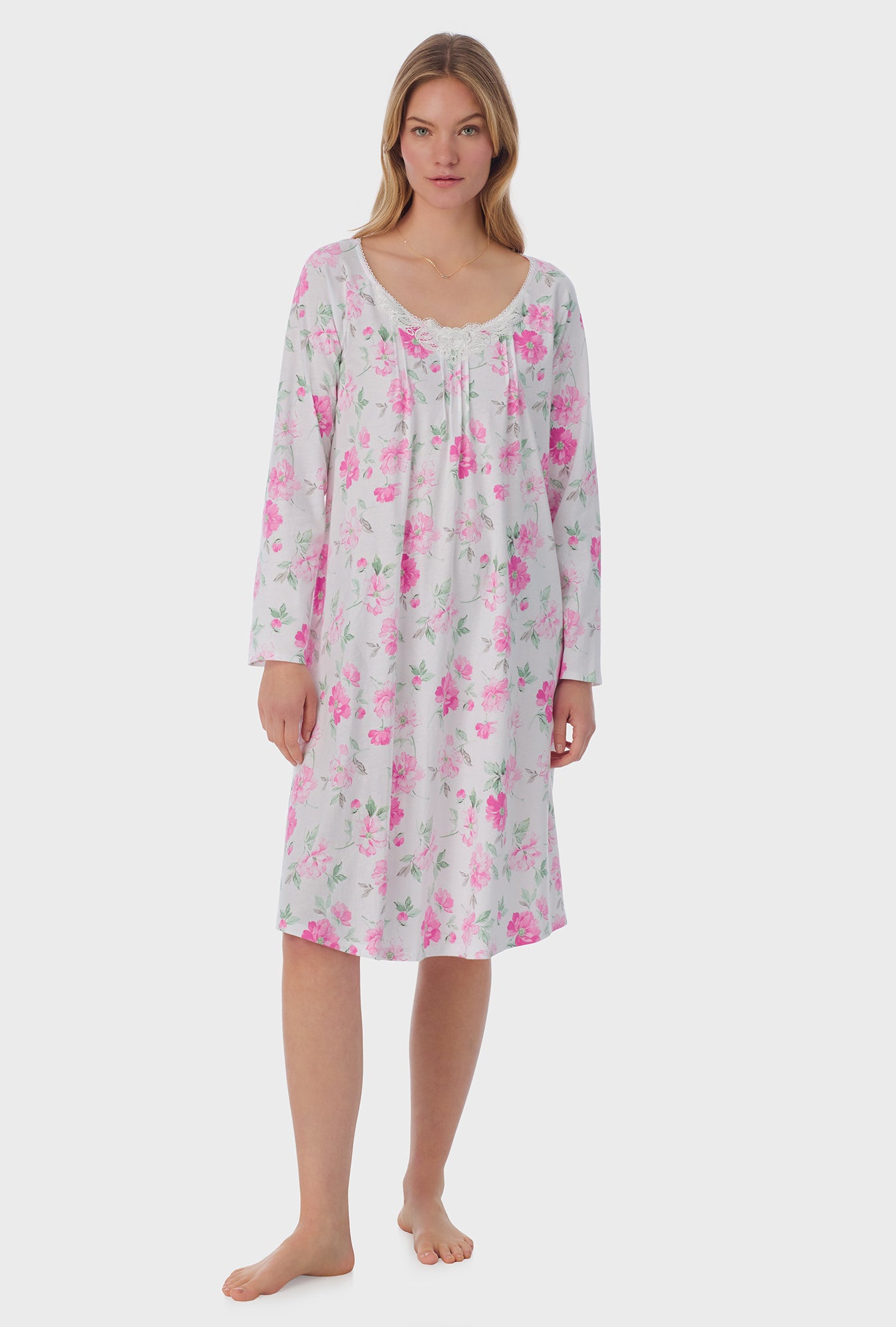 A lady wearing long sleeve Cotton Waltz Nightgown with Dream Garden print  