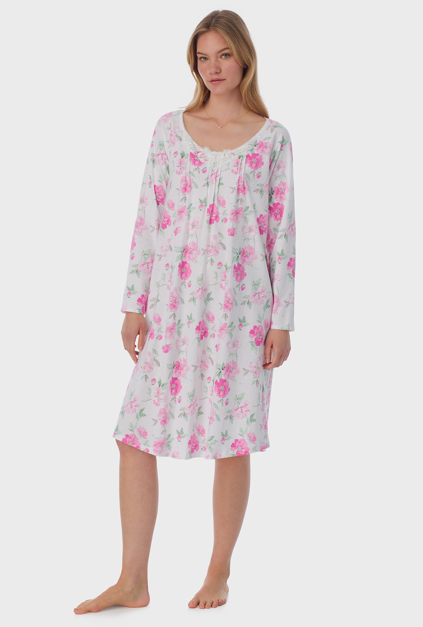 A lady wearing long sleeve Cotton Waltz Nightgown with Dream Garden print  