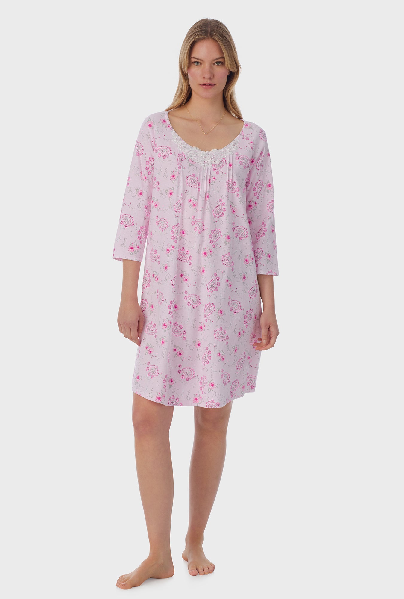 A lady wearing quarter sleeve Cotton Short Nightgown with Paisley Floral print    