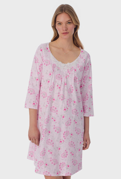 A lady wearing quarter sleeve Cotton Short Nightgown with Paisley Floral print    