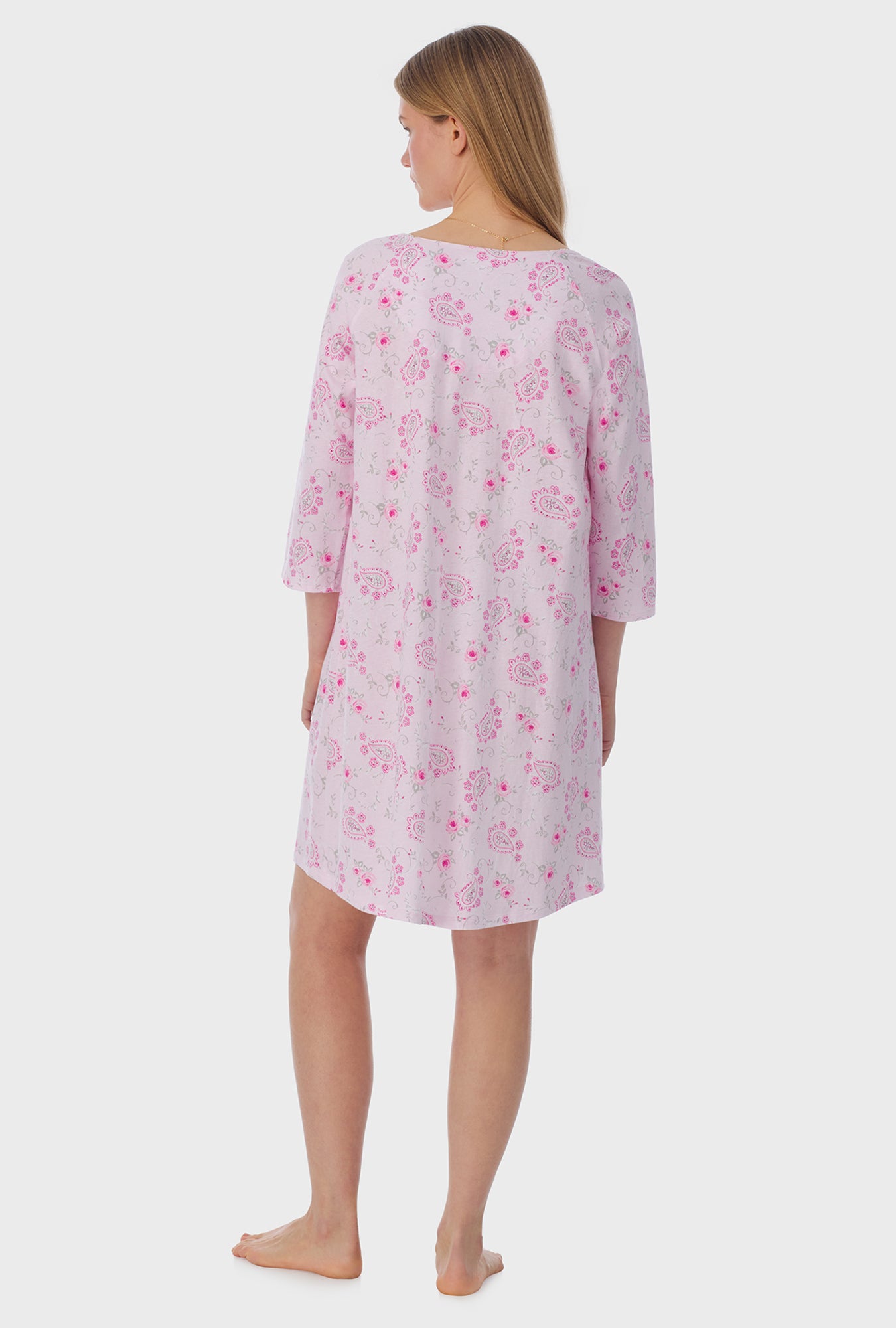 A lady wearing quarter sleeve Cotton Short Nightgown with Paisley Floral print    