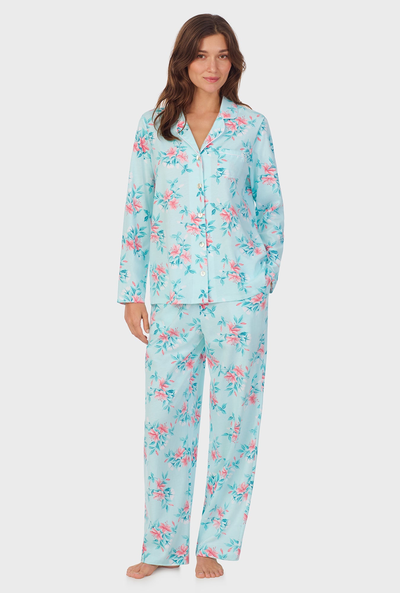 A lady wearing Blooming Lily Cotton Long Pajama Set