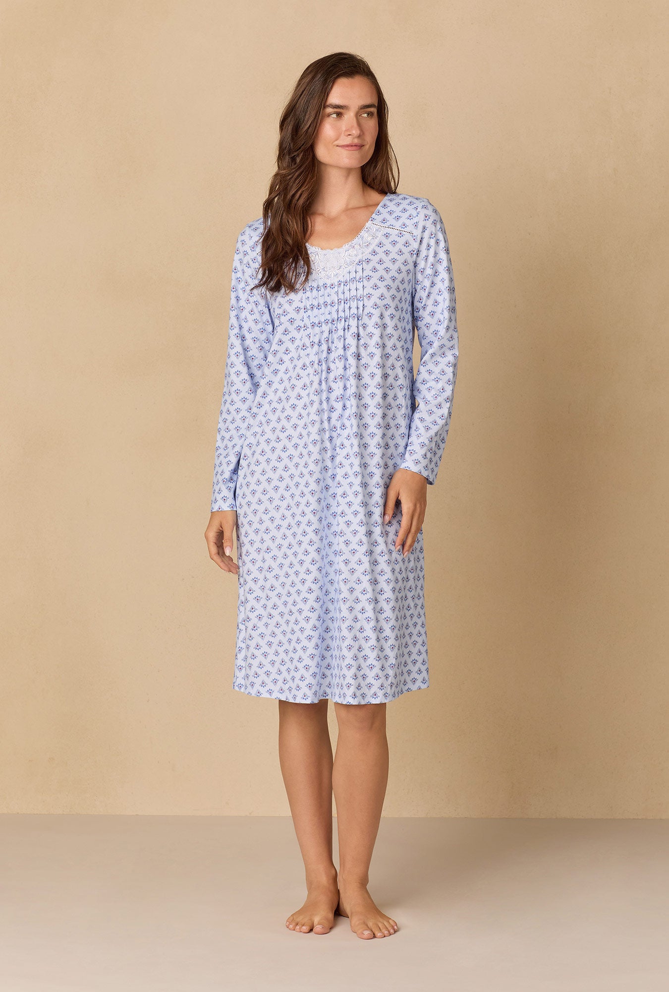 A lady wearing Blue Dreams Waltz Cotton Knit Nightgown