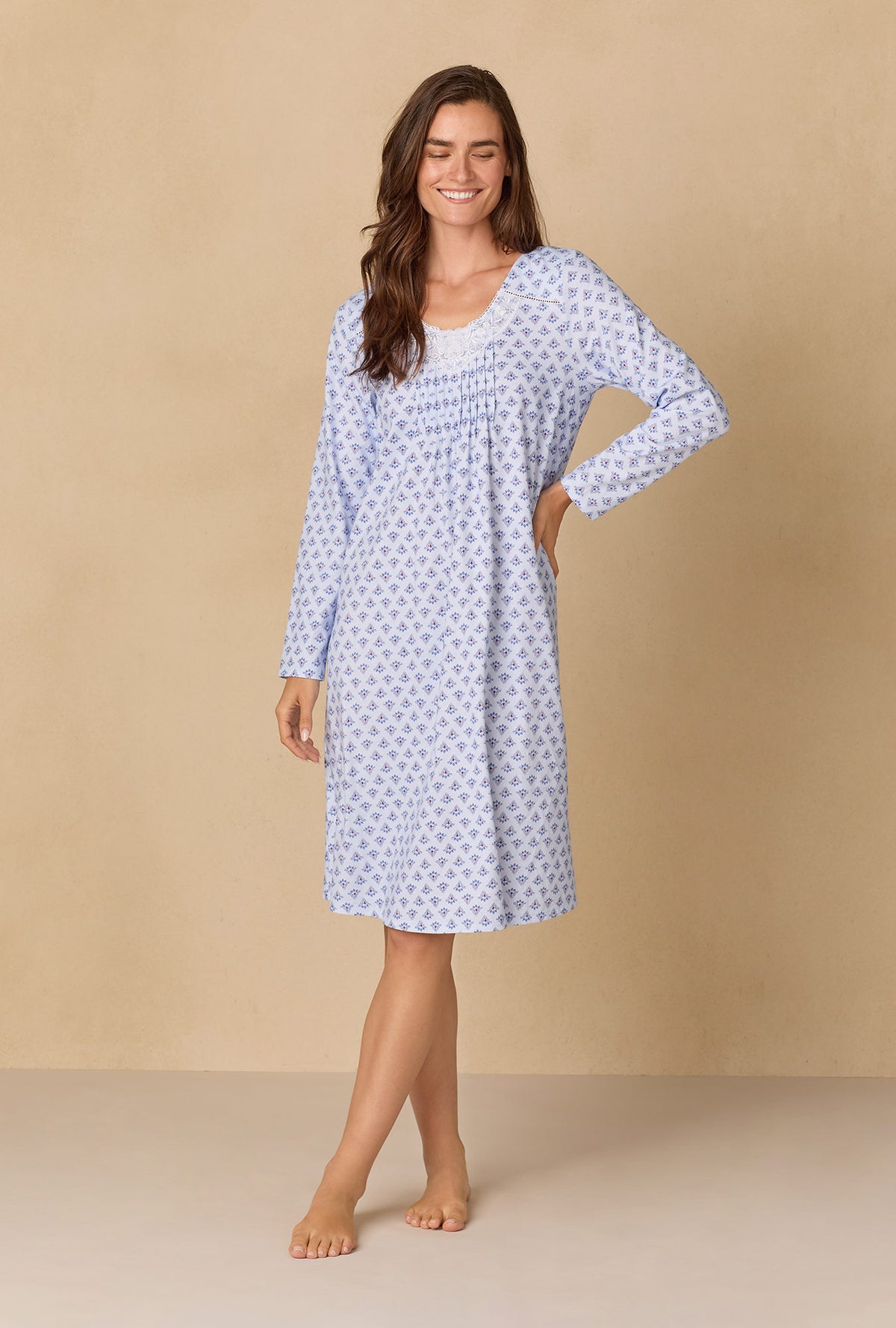 A lady wearing Blue Dreams Waltz Cotton Knit Nightgown